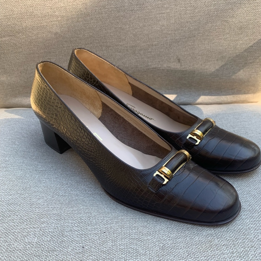 Salvatore Ferragamo Croc Chocolate Brown Leather Shoes Heels size 9 Vintage - Picture 2 of 15